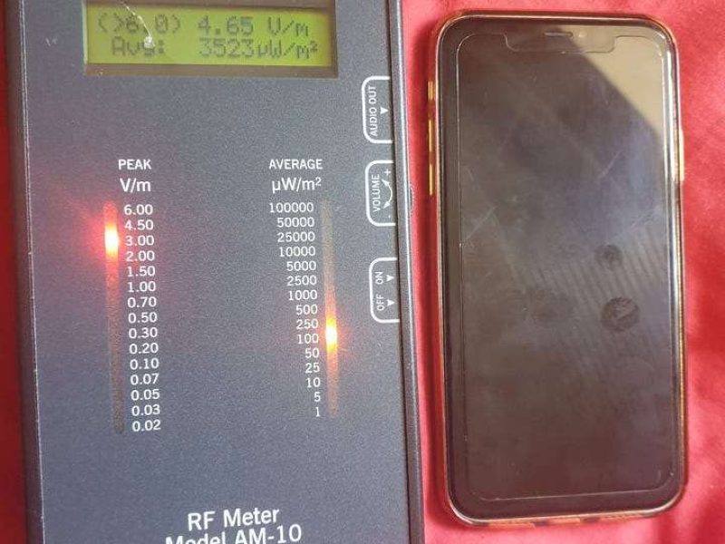 Grey RF meter and mobilephone